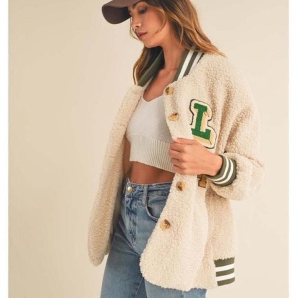 Mable Jackets & Blazers - Mable Sherpa Varsity Jacket with Green Trim